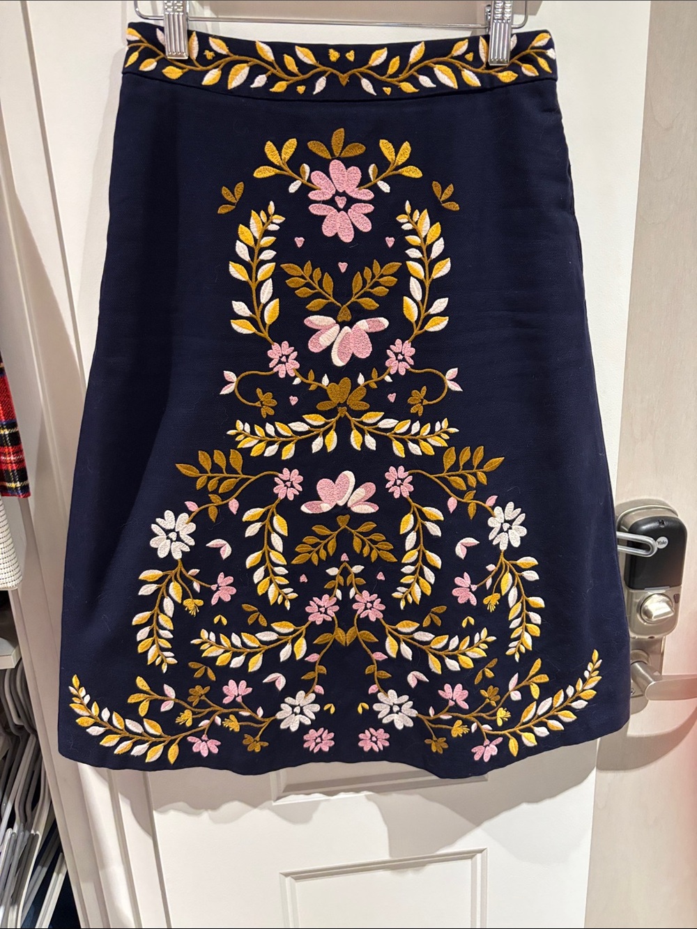 Boden Navy A-Line Skirt with Pink & Gold Floral Embroidery